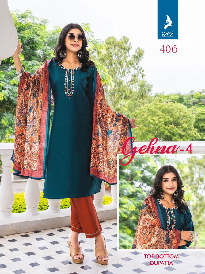 Gehna 4 By Kaya Pure Silk Straight Cut Kurti With Bottom Dupatta Wholesale Online